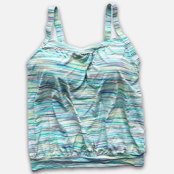 Lands’ End Blouson Tankini Top 8 DDD turquoise stripe adjustable built in bra - Picture 1 of 4